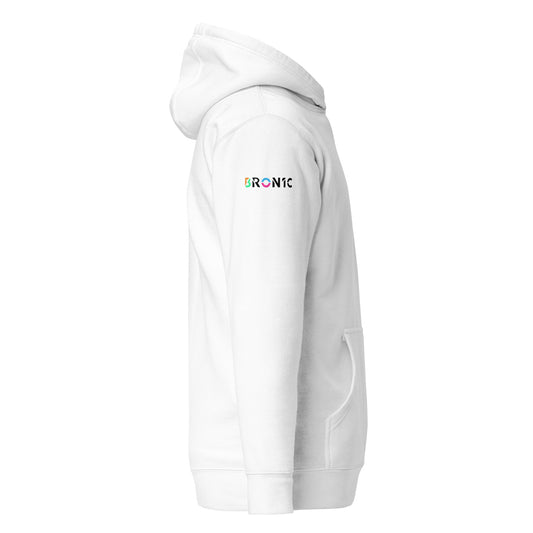 BRON1C Logo Unisex White Hoodie w/ Signature Right Sleeve (#1893)