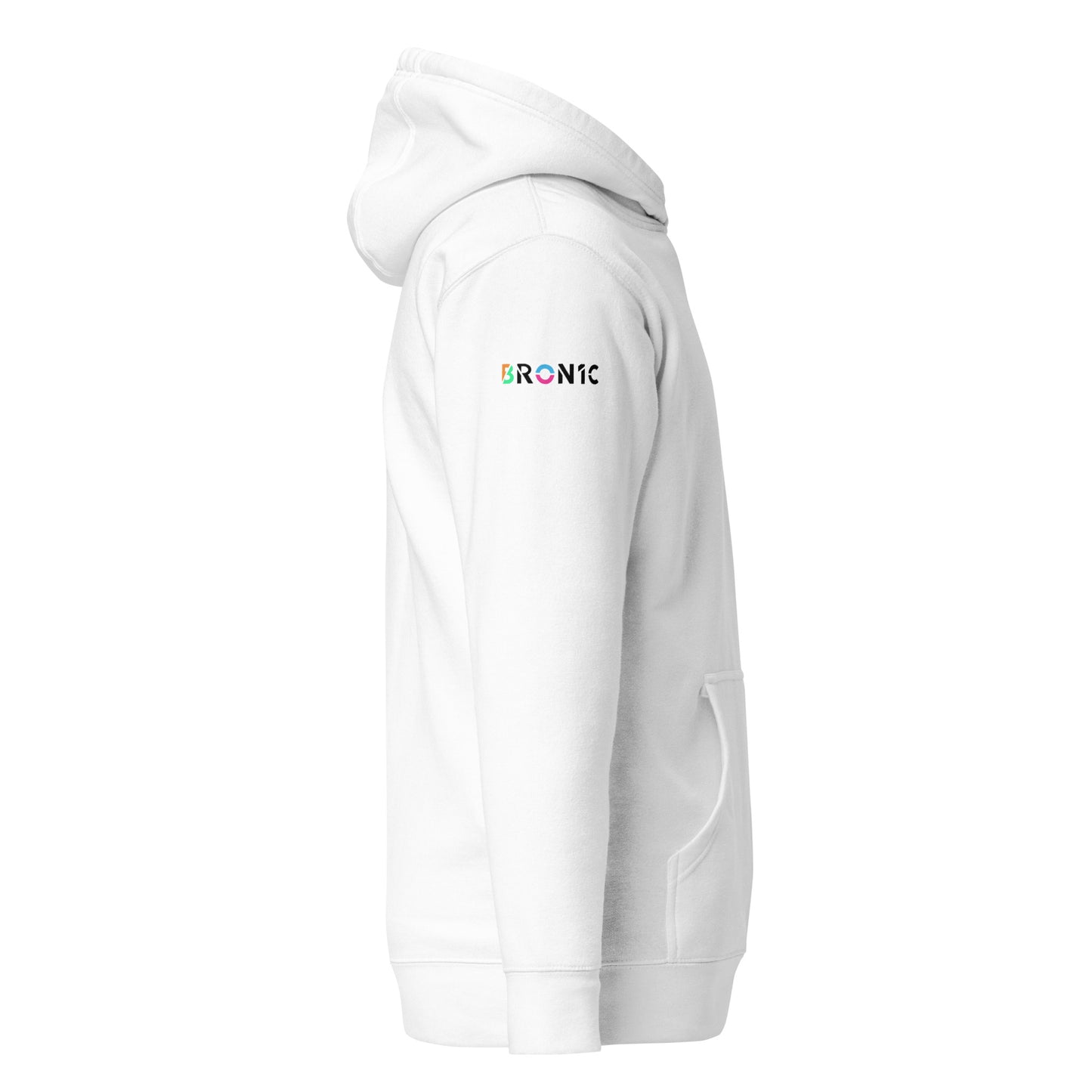 BRON1C Logo Unisex White Hoodie w/ Signature Right Sleeve (#1893)