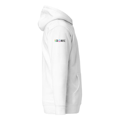 BRON1C Logo Unisex White Hoodie w/ Signature Right Sleeve (#1893)